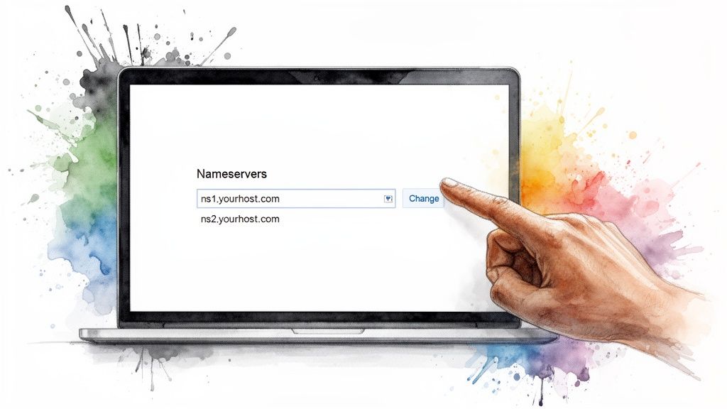 A hand pointing at the 'Change' button on a laptop screen displaying nameserver settings for yourhost.com.