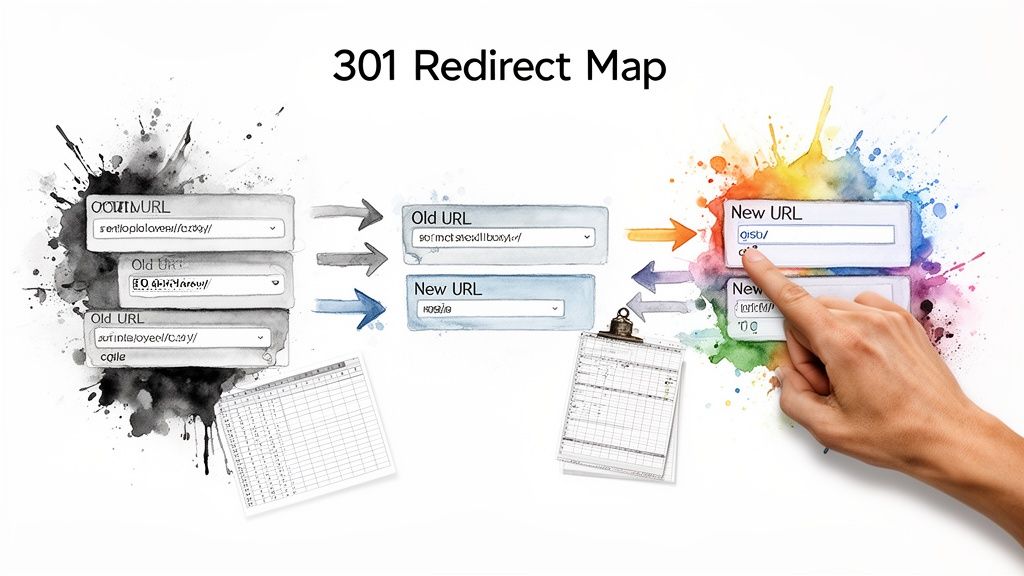 A visual guide illustrating a 301 Redirect Map, showing the transition from old URLs to new URLs for domain changes.