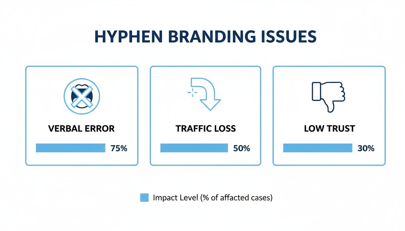 Diagram showing hyphen branding issues: verbal error (75%), traffic loss (50%), and low trust (30%).