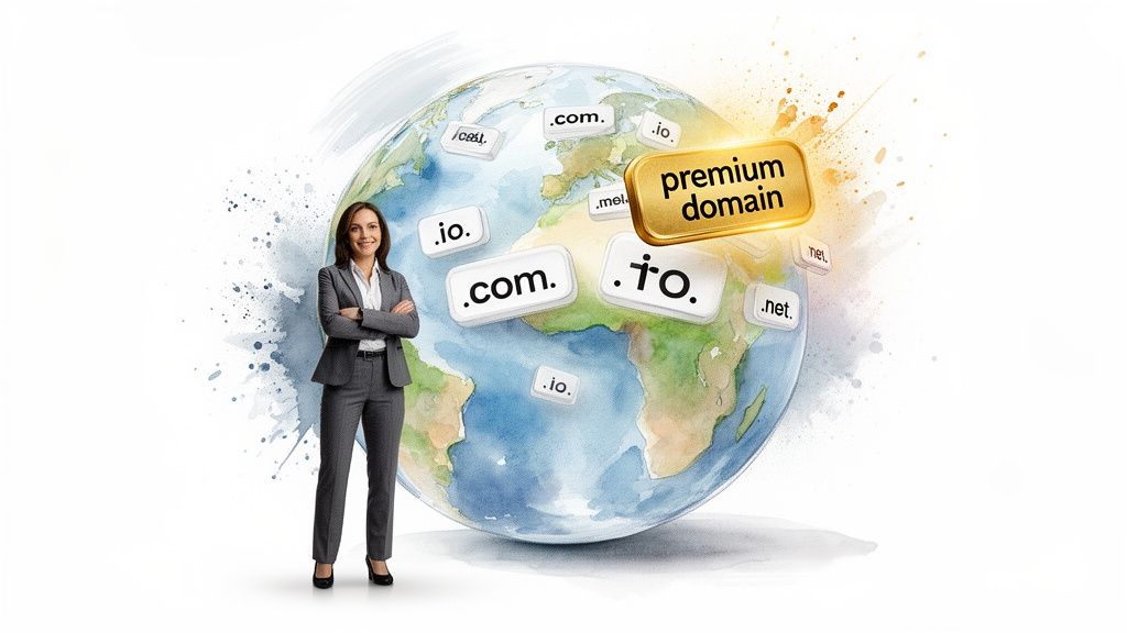 Professional businesswoman with global domain name marketplace concept, featuring premium domains and TLDs.
