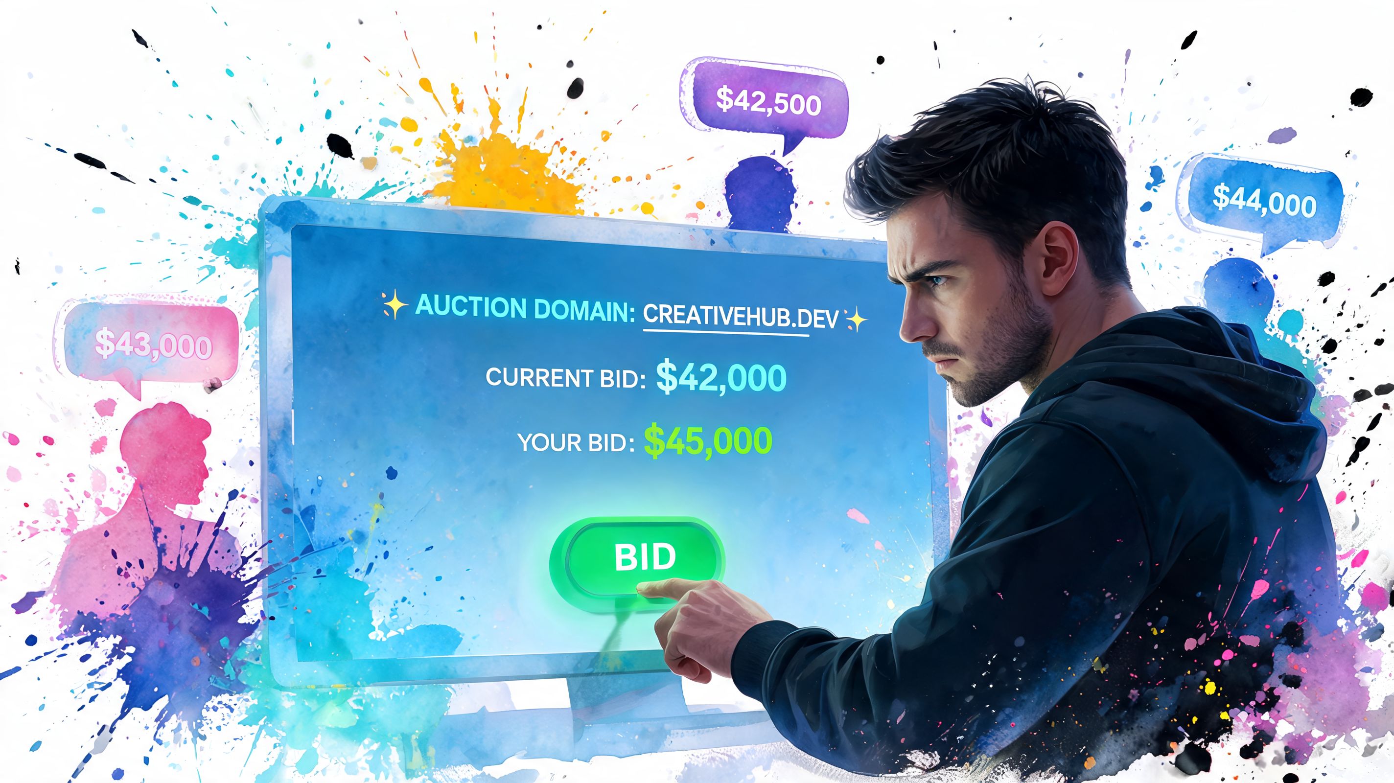 A focused man placing a bid on the creativehub.dev domain name on a digital auction platform screen.