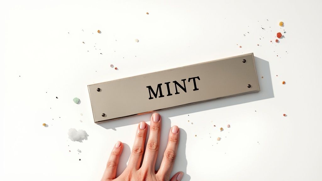 A hand reaches towards a silver plaque inscribed with "MINT" on a white surface with colorful sprinkles.