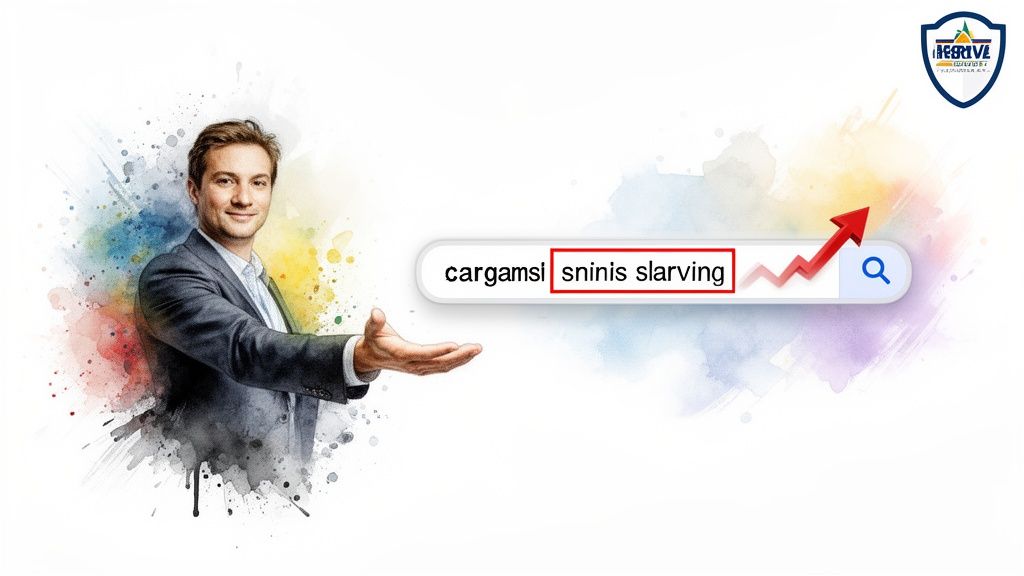 Man in suit presenting a search bar with an upward trending red arrow, suggesting SEO success.