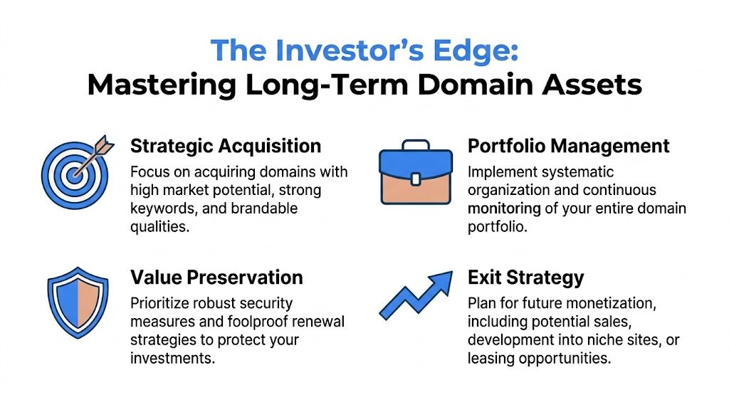 An infographic detailing four essential strategies for investing in and managing long-term domain name assets successfully.