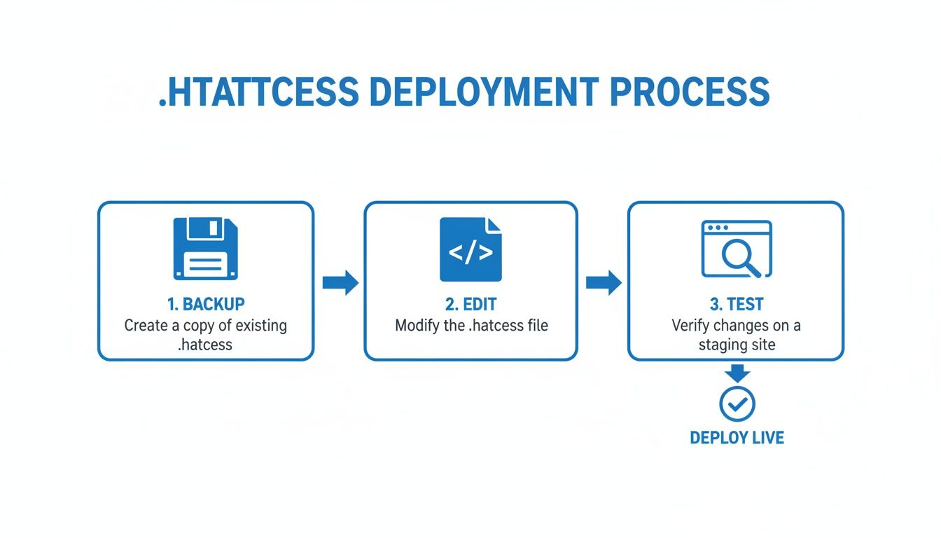 Flowchart illustrating the .htaccess deployment process, showing steps for backup, edit, test, and live deployment.
