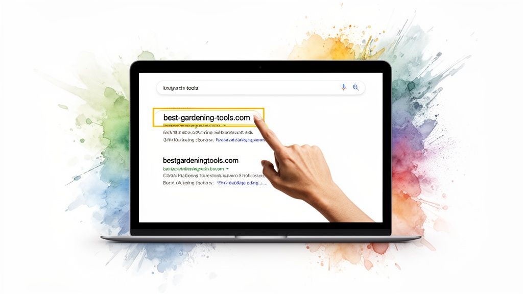 A hand points to 'best-gardening-tools.com' on a laptop's search engine results page.