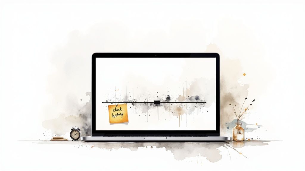 Laptop displaying timeline with sticky note saying check history on minimalist desk with watercolor aesthetic