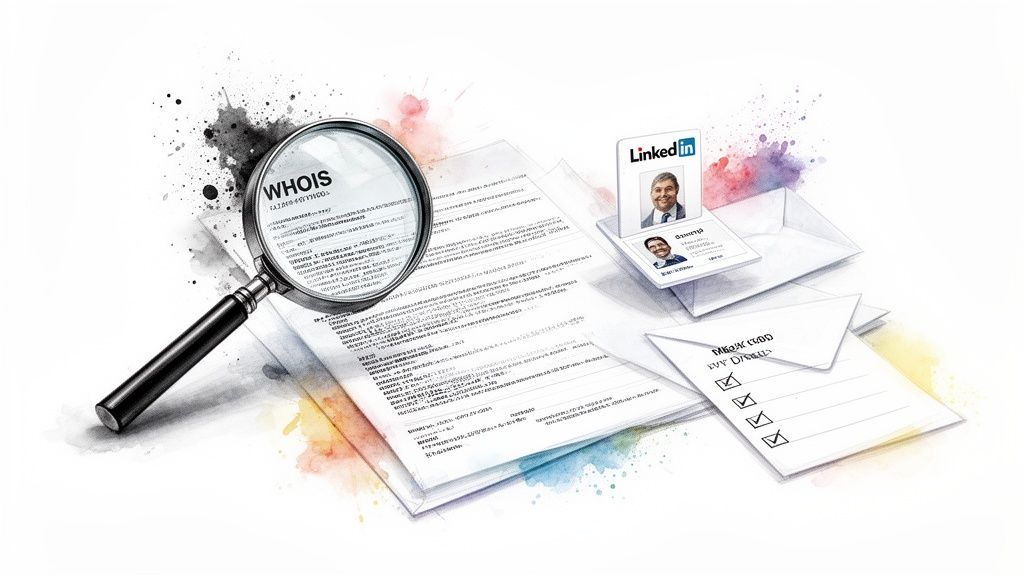 A magnifying glass over documents showing 'WHOIS' and LinkedIn profiles, representing investigative research.