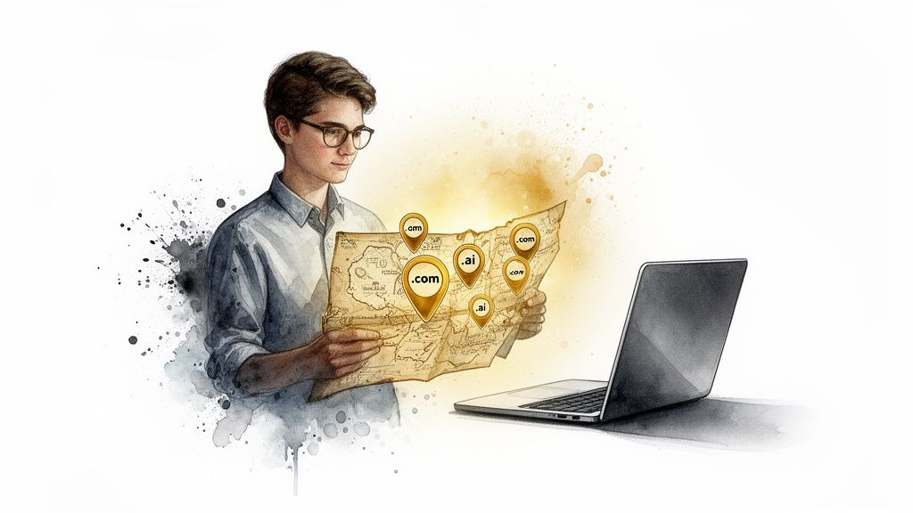 Young man in glasses studies a map with glowing .com and .ai domain pins, beside a laptop.