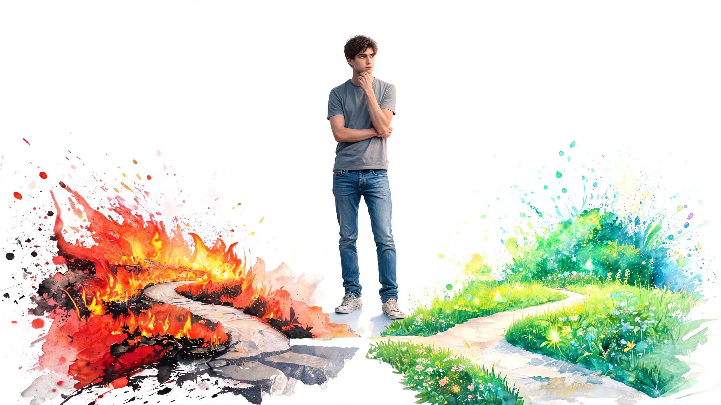 A thoughtful young man standing between a fiery path and a lush, vibrant green path of flowers.