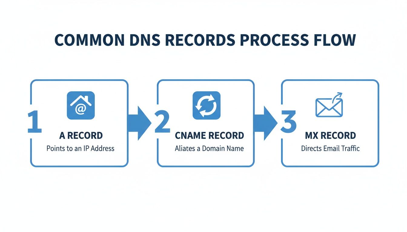 A visual process flow demonstrating common DNS records: A, CNAME, and MX, explaining their functions.