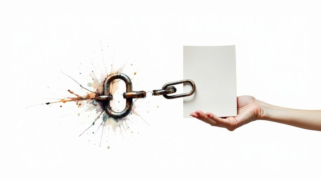 A hand holds a blank white card, connected by a broken chain to watercolor splatters.