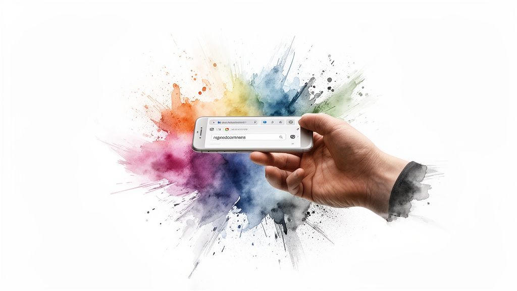 A hand holding a smartphone with 'mygoodoommens' in the search bar, over a colorful paint splash.