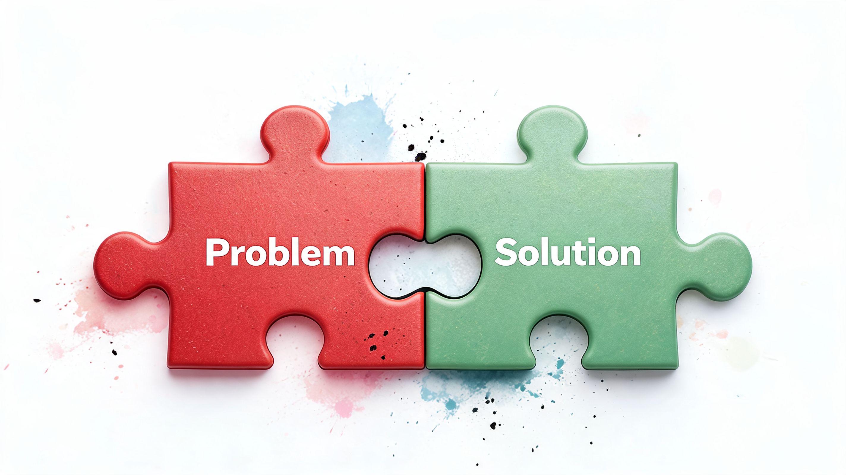 Two connected puzzle pieces, one red labeled Problem and one green labeled Solution, against a white background.