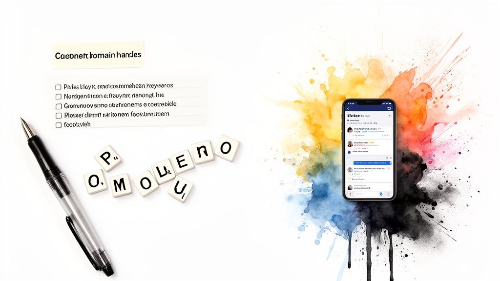 A pen, scrabble tiles, and a checklist near a smartphone showing a social media app on a watercolor background.