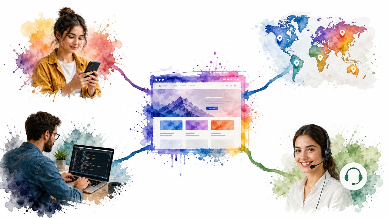 Conceptual illustration showing a central website connected to a mobile user, a programmer, global locations, and customer service.