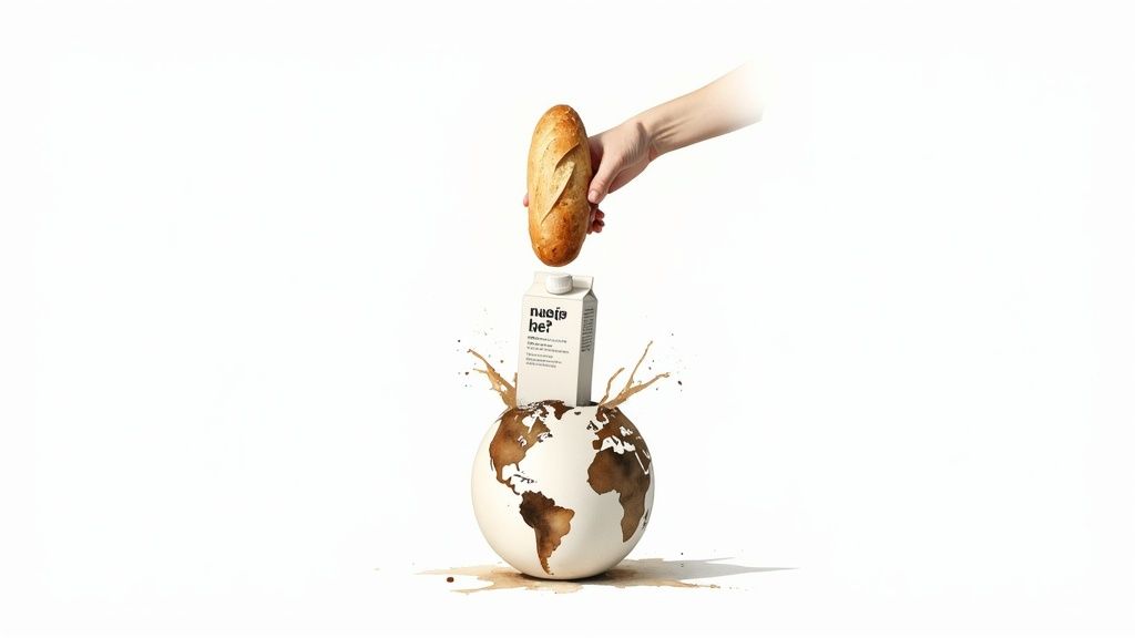 A hand holds a baguette above a carton resting in a globe with coffee splashes.