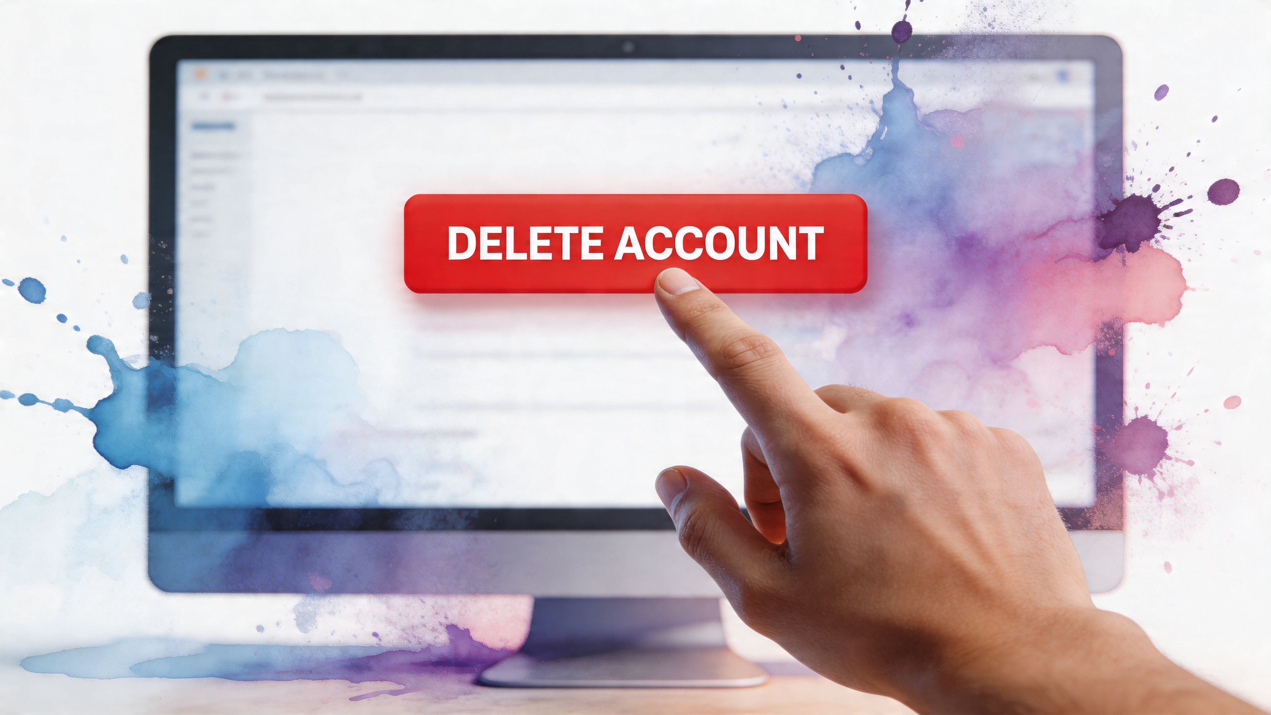 A person's hand pressing a red digital button labeled DELETE ACCOUNT on a computer monitor screen.
