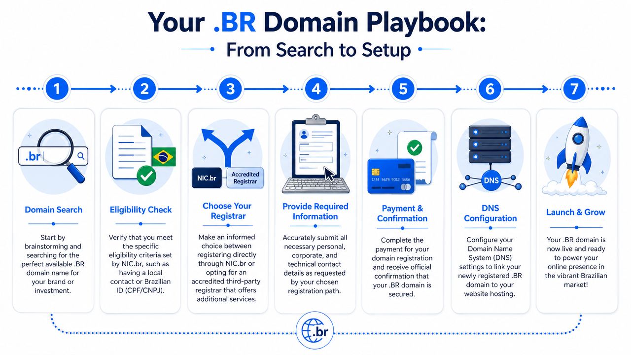 A seven-step infographic guide detailing the process of registering and setting up a .BR domain name.