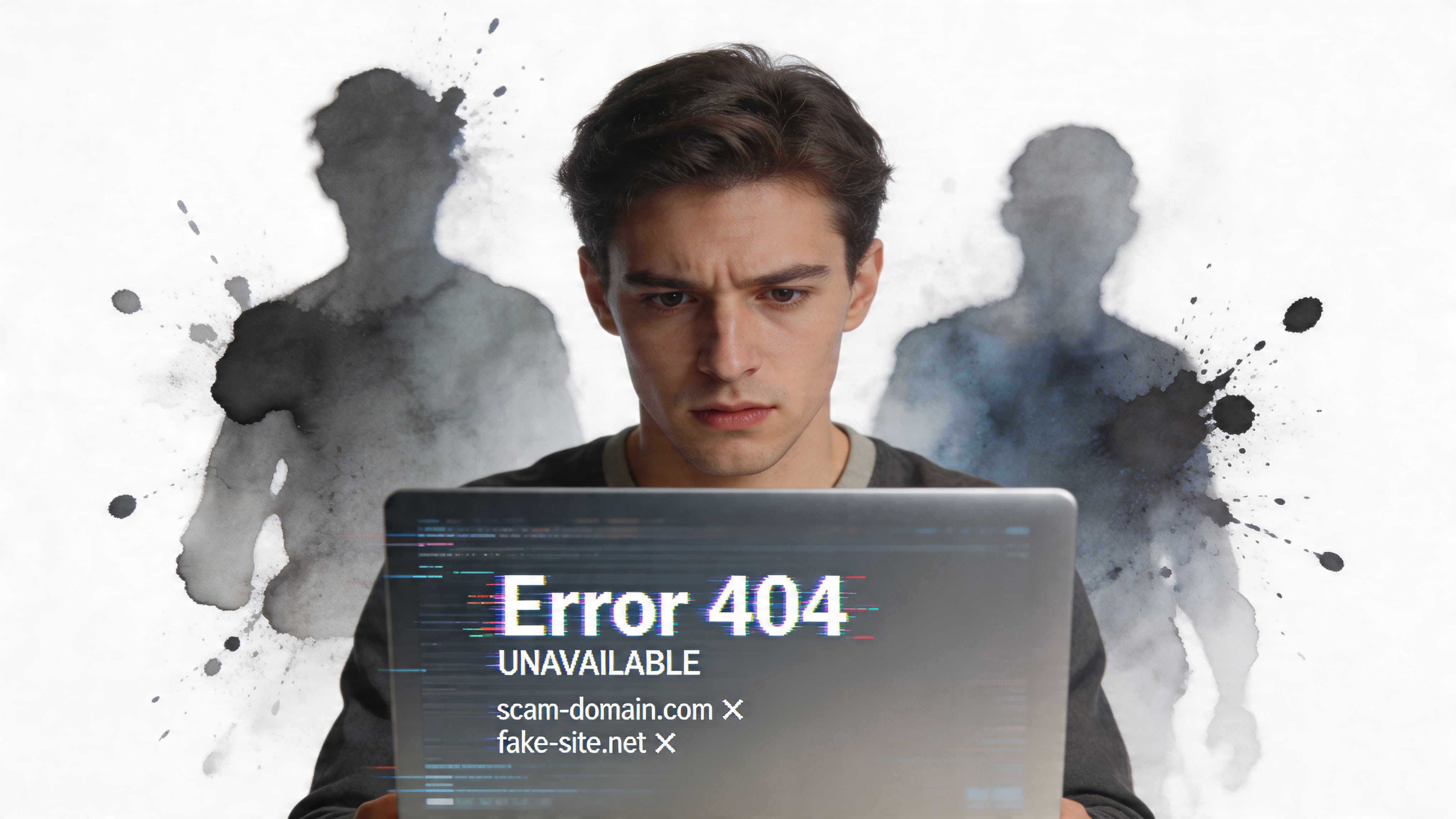 A man looking concerned at his laptop screen showing an error 404 message and suspicious web addresses.