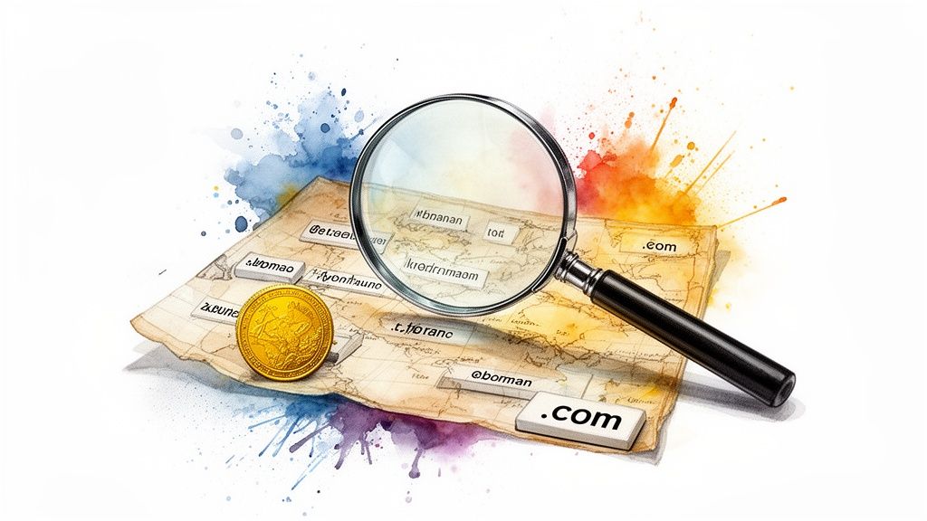 Magnifying glass over a vintage map with domain name tiles, a gold coin, and watercolor splashes.