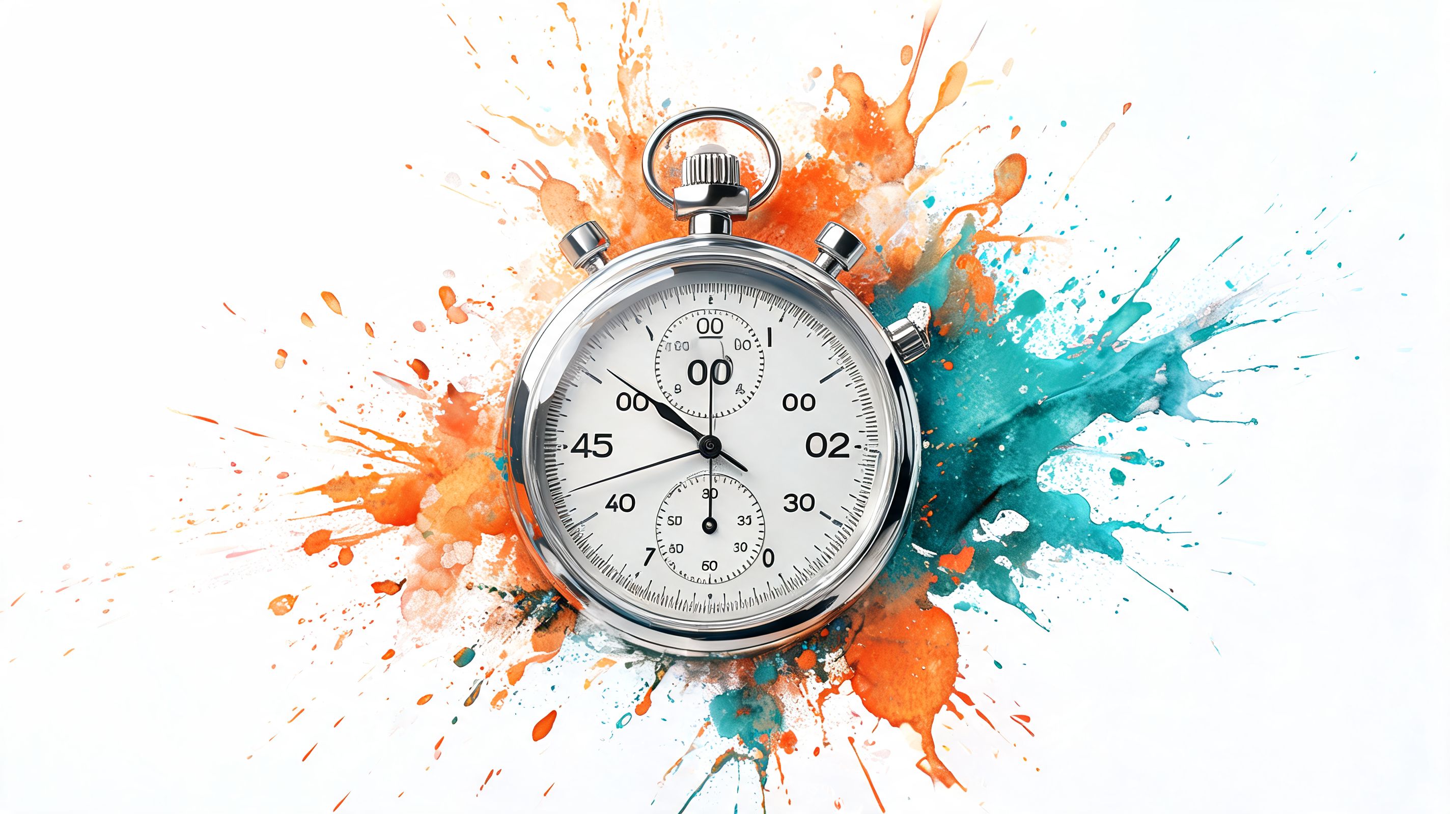 A silver stopwatch centered against a white background with vibrant orange and turquoise watercolor paint splashes.