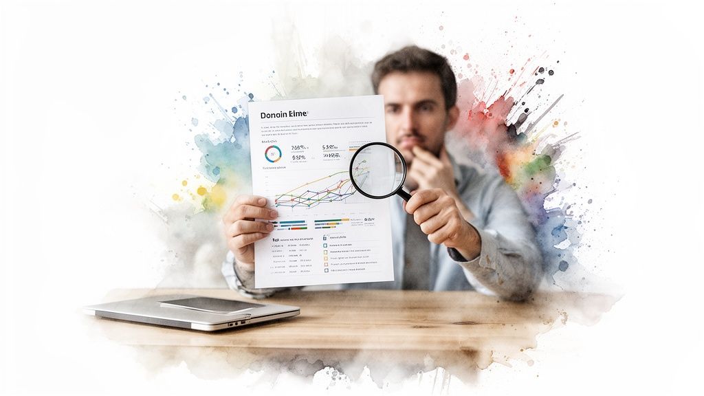 Man analyzing business data on a document with a magnifying glass at a desk.