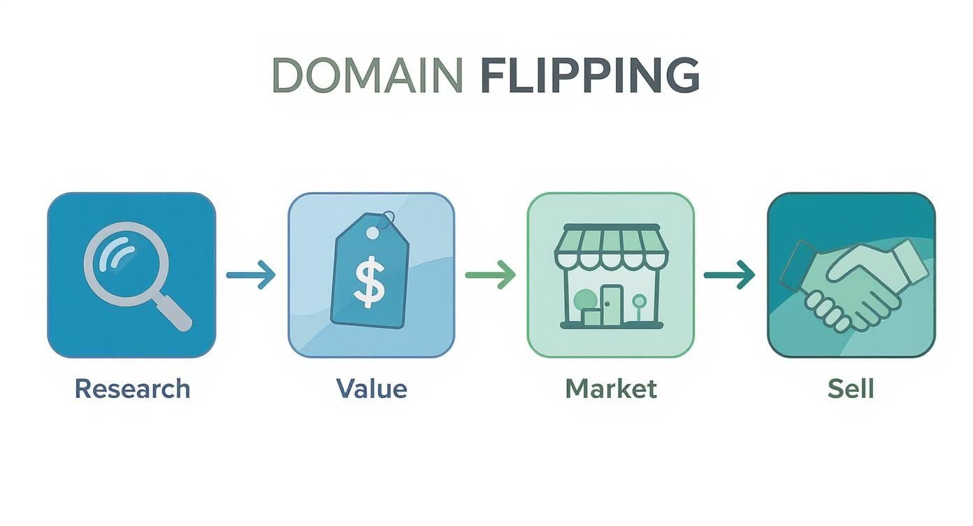 A four-step flow chart illustrating the domain flipping process: Research, Value, Market, Sell.