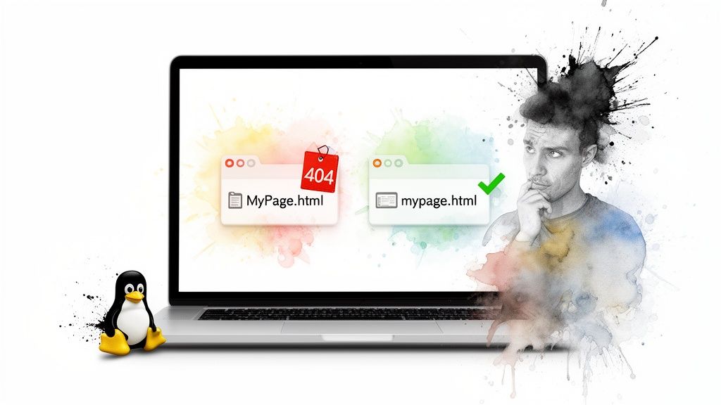 Laptop shows 'MyPage.html' (404) and 'mypage.html' (success), illustrating case sensitivity with Tux the Linux penguin.