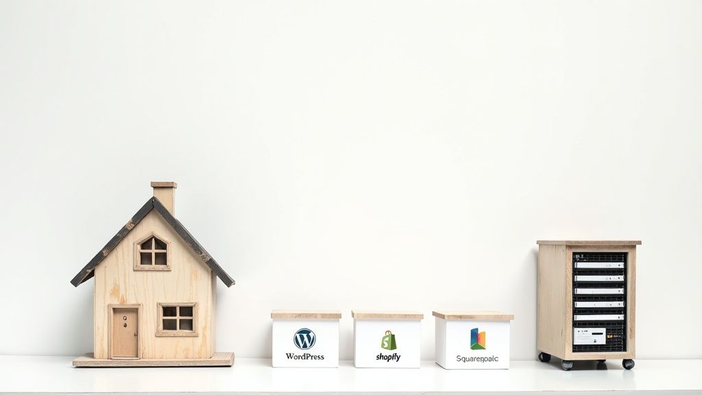 Miniature house, WordPress, Shopify, Squarespace boxes, and a server rack representing web hosting solutions.