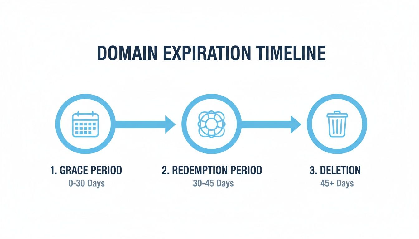A domain expiration timeline illustrating the grace, redemption, and deletion periods with their respective days.