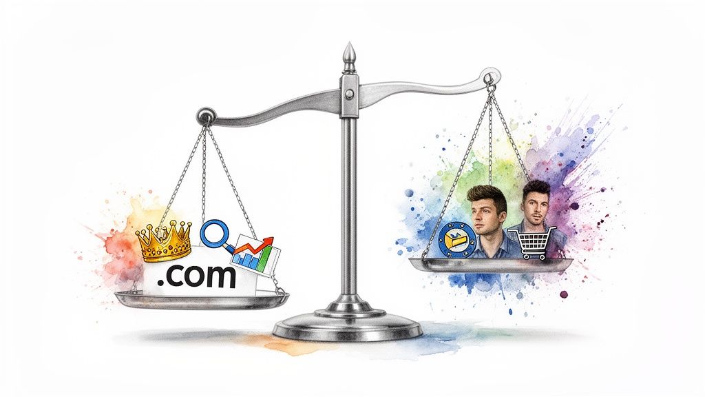 Scales balancing a .com domain, crown, and search tools against people, time, and shopping.