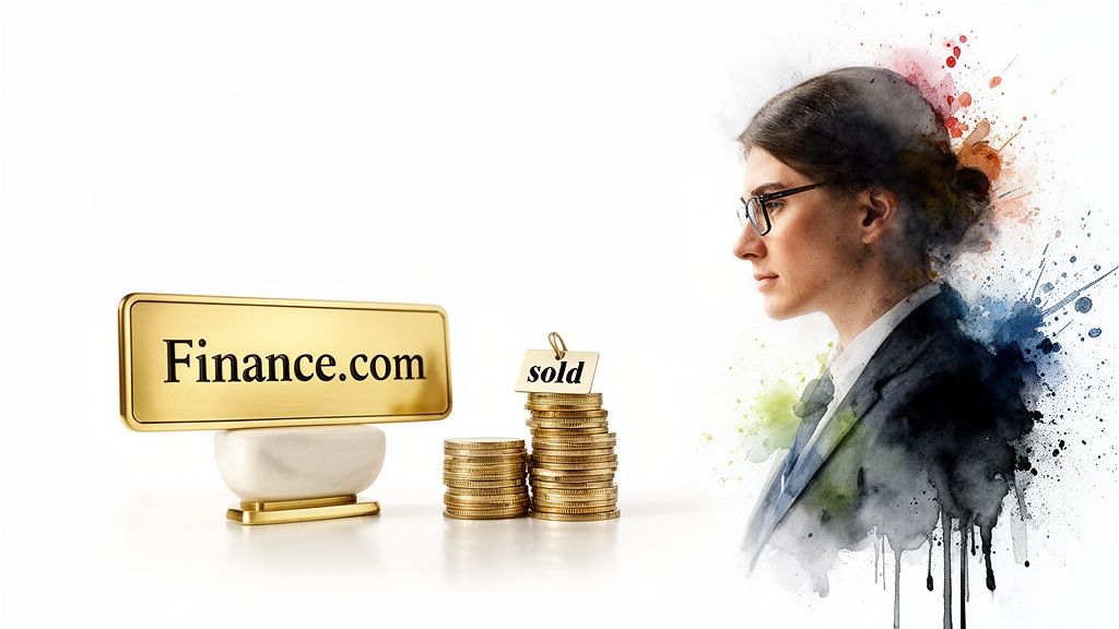 A golden Finance.com sign, sold gold coins, and a professional woman in watercolor style.