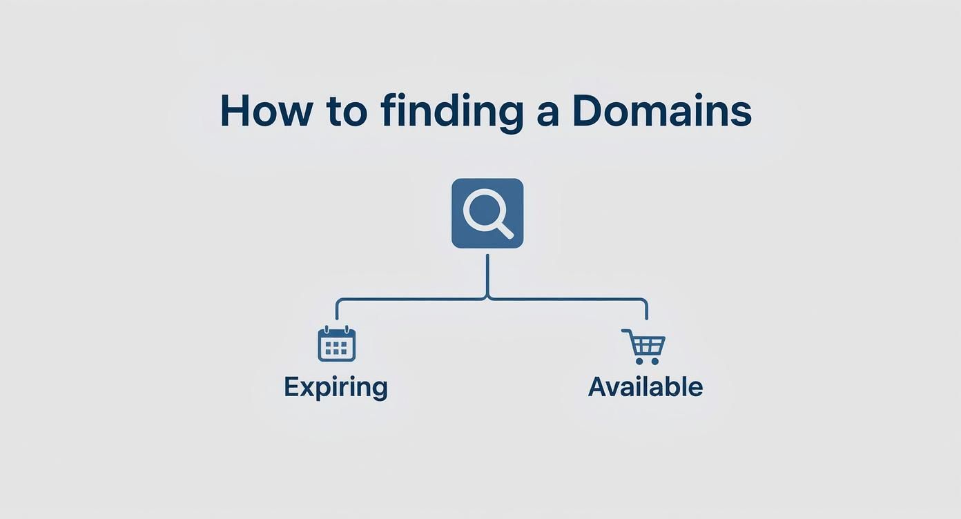 Flowchart showing how to find domains through expiring and available domain search methods