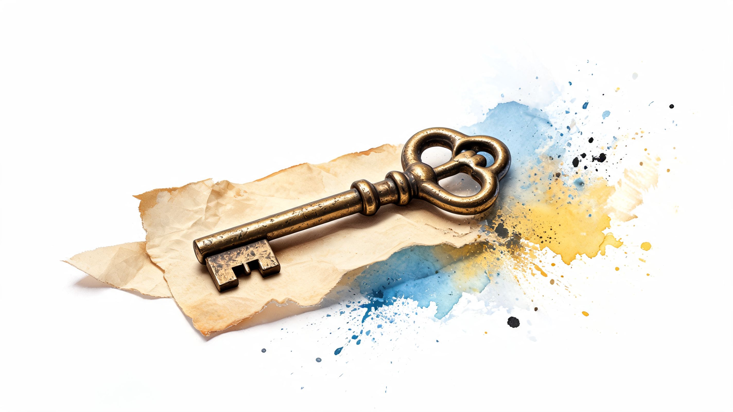 A vintage metal key resting on a piece of torn, aged parchment paper with watercolor paint splatters.