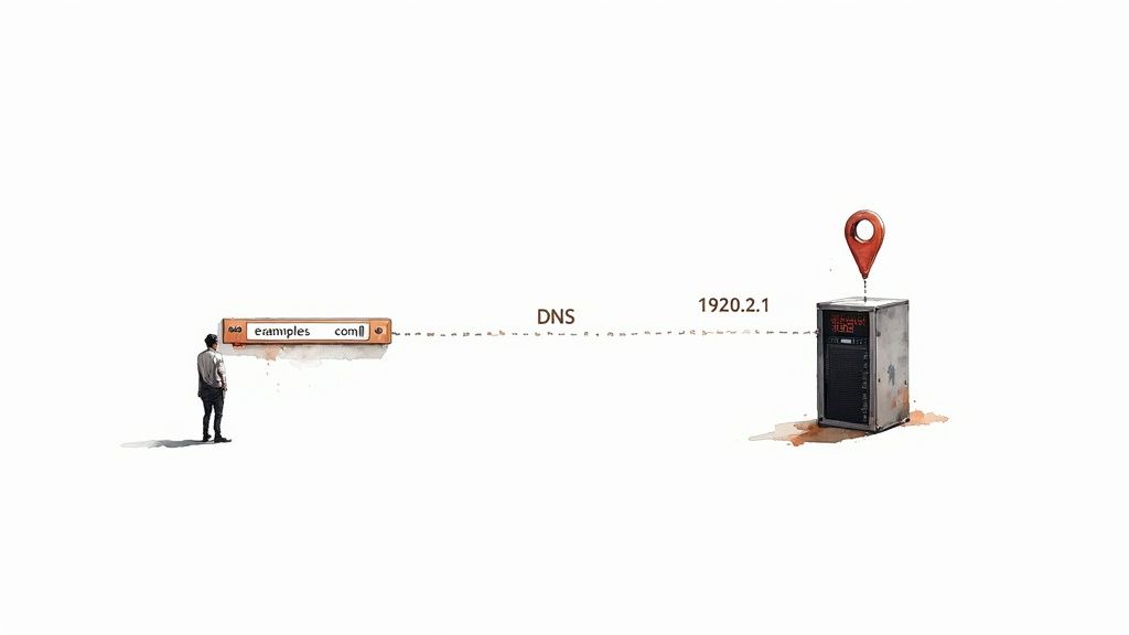 A person viewing a web address "examples.com" connected via DNS to a server at "1920.2.1".