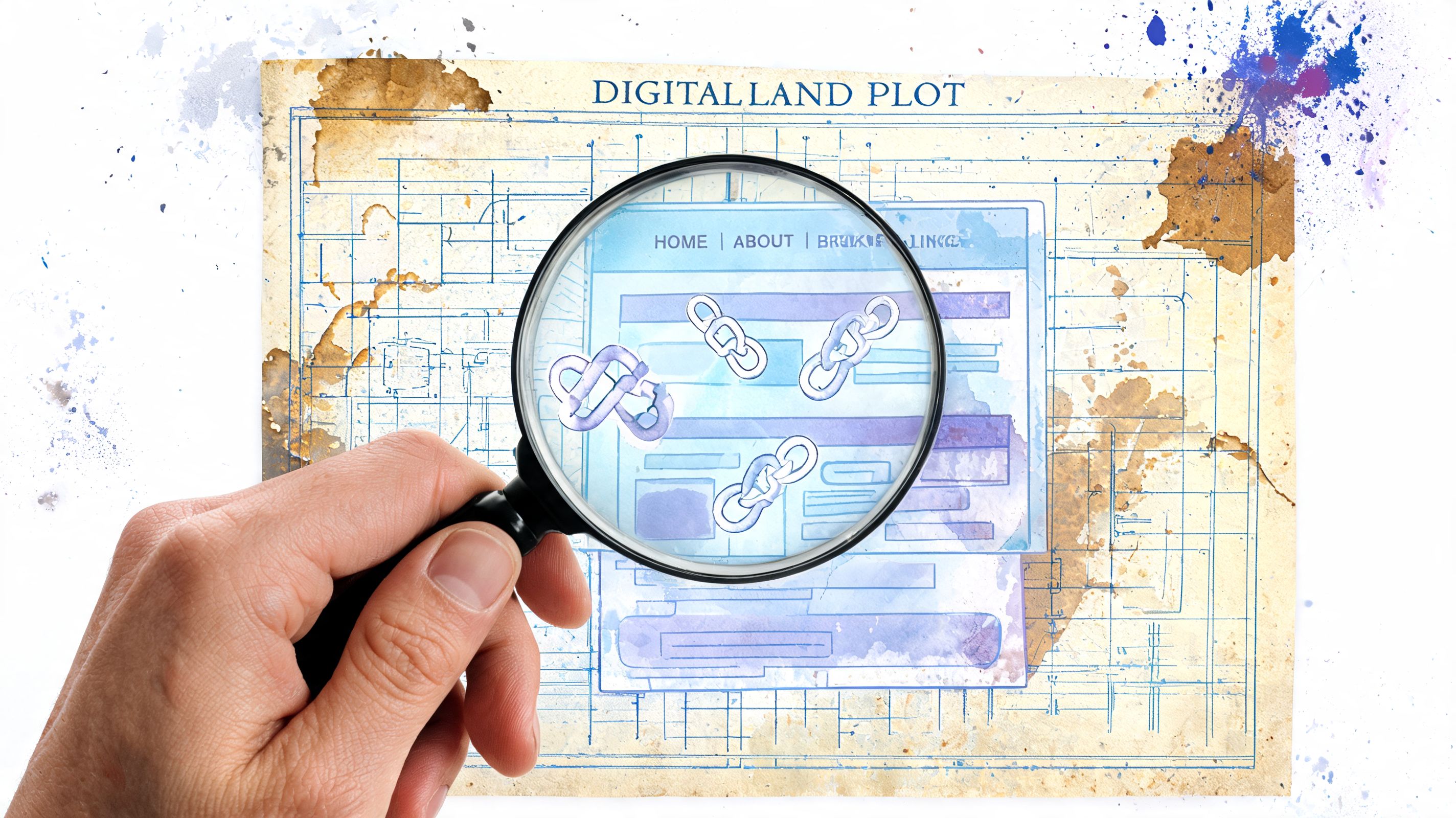 A hand holding a magnifying glass over a blueprint drawing with digital web link icons inside.
