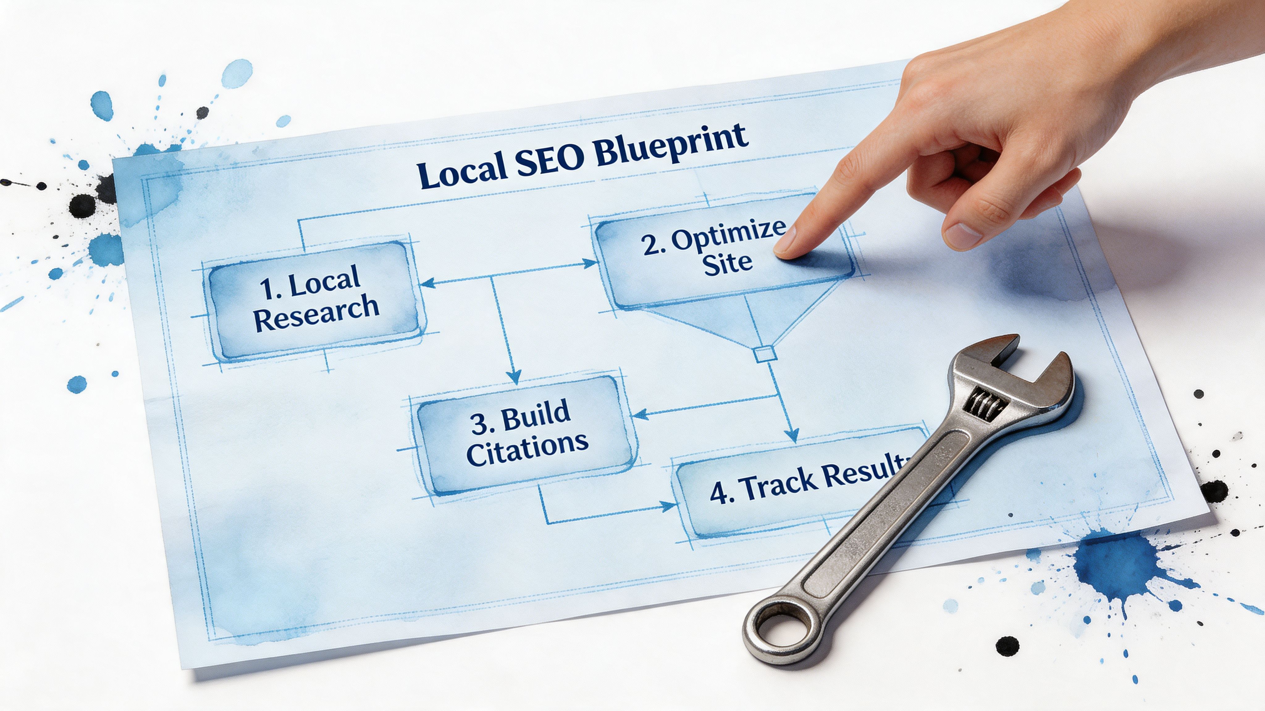 A hand points to a Local SEO blueprint diagram on paper next to a metal wrench tool.