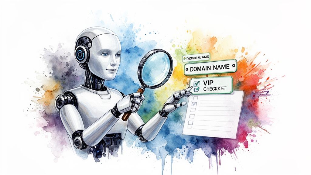 AI robot uses a magnifying glass to review a domain name and VIP checklist, symbolizing due diligence.