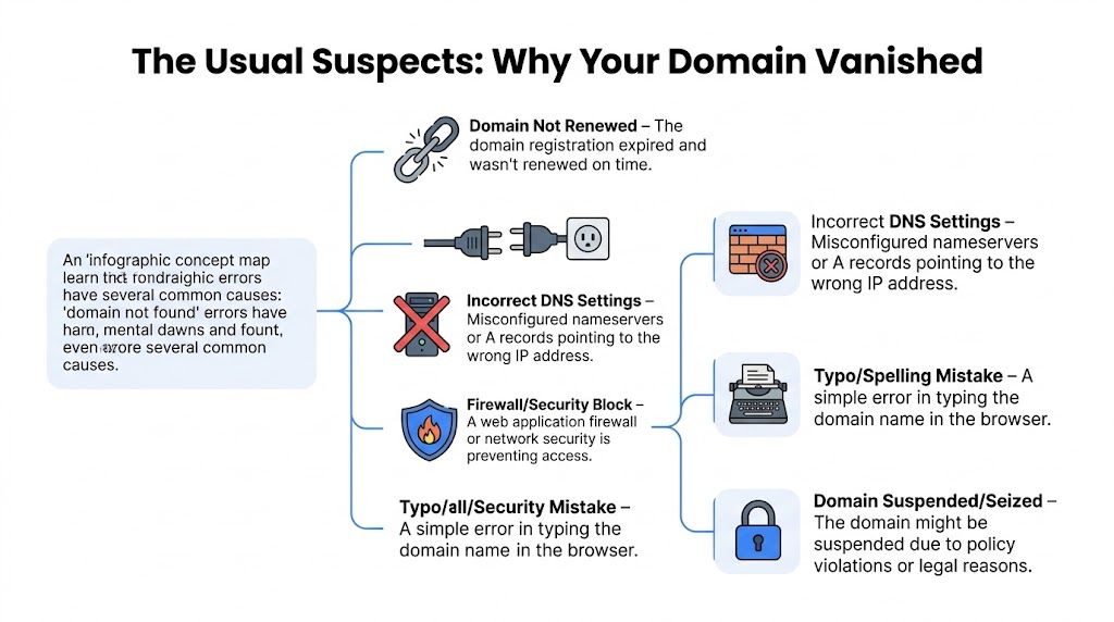 An infographic titled The Usual Suspects: Why Your Domain Vanished, illustrating common reasons for domain accessibility errors.