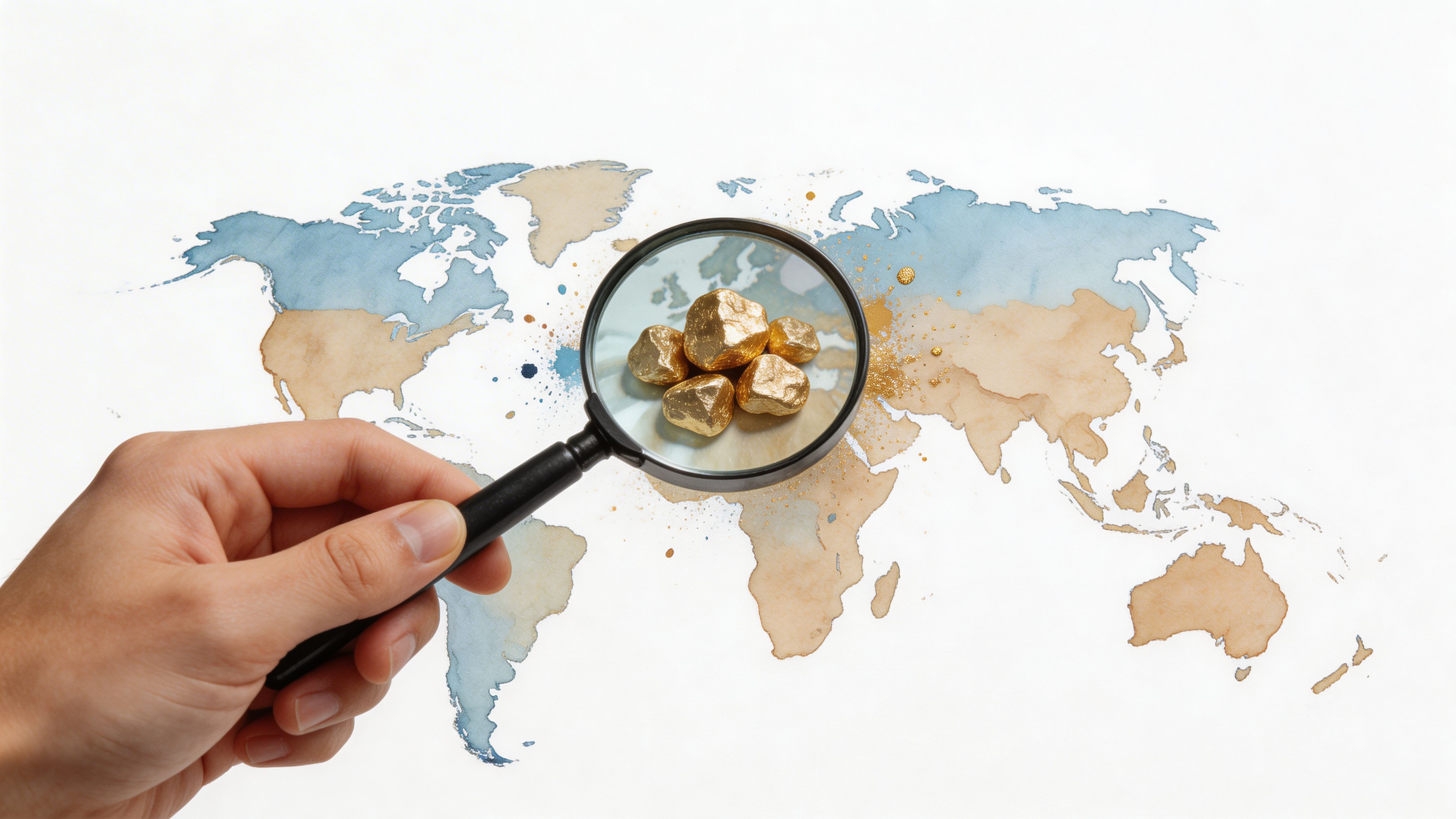 A hand holding a magnifying glass over a world map, focusing on scattered pieces of gold nuggets.