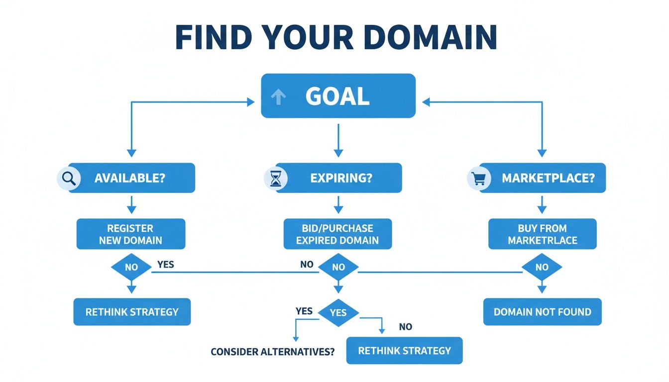 Flowchart illustrating different strategies for finding and acquiring a domain name.