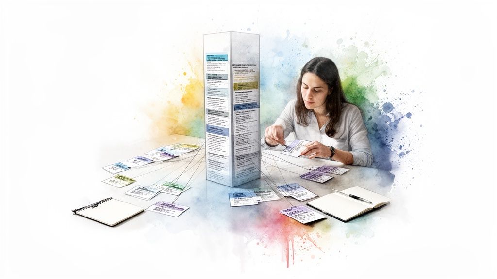 A woman sorts informational cards connected by lines around a central text column, with watercolor splashes.