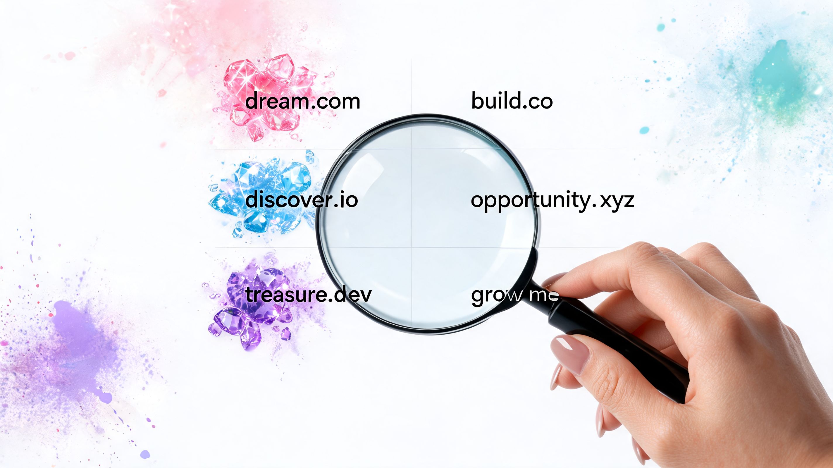 A hand holding a magnifying glass over a list of domain names with colorful crystal illustrations.