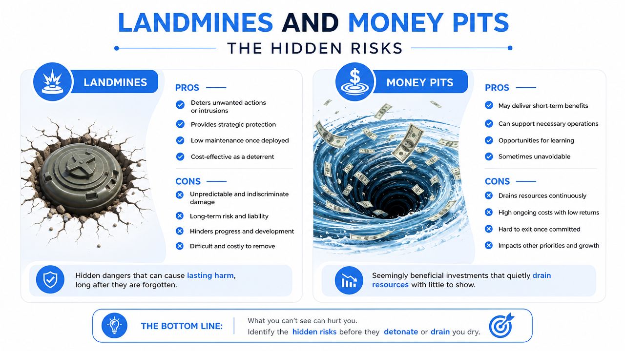 An infographic comparing landmines and money pits as metaphors for hidden risks and resource drains in business.