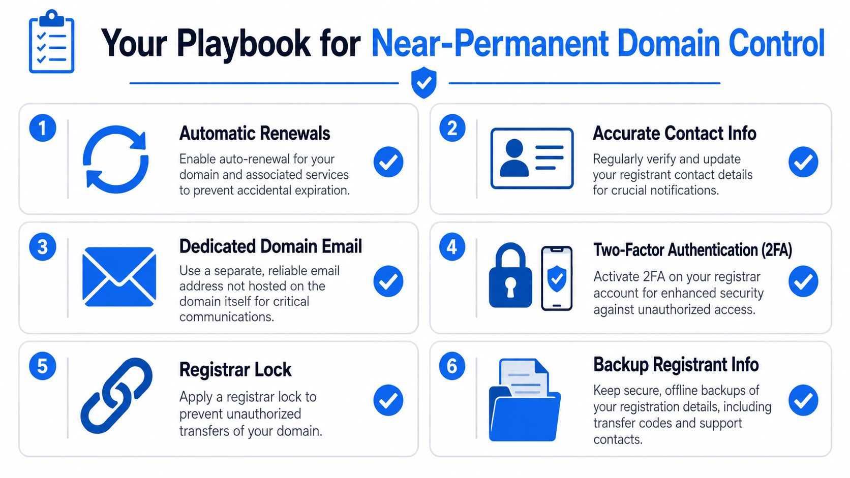 A six-step checklist for maintaining near-permanent domain control, covering security, renewals, and accurate contact information for domain owners.