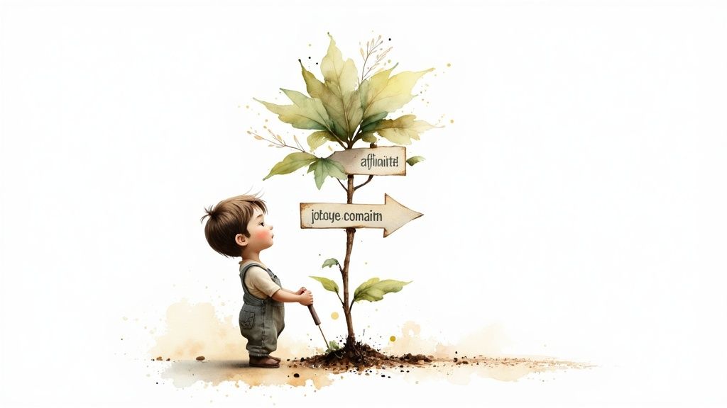 Watercolor illustration of young child planting signpost with affiliation and domain labels growing leaves