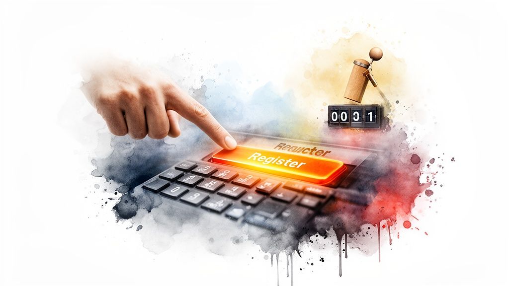 A hand presses a glowing orange 'Register' button on a keyboard, with a counter and stamp in a watercolor design.