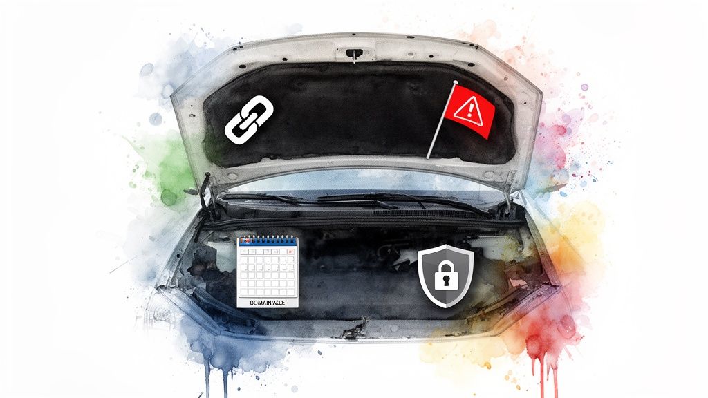 Illustrative image of a car with open hood revealing domain reputation metrics: links, warnings, security, and age.