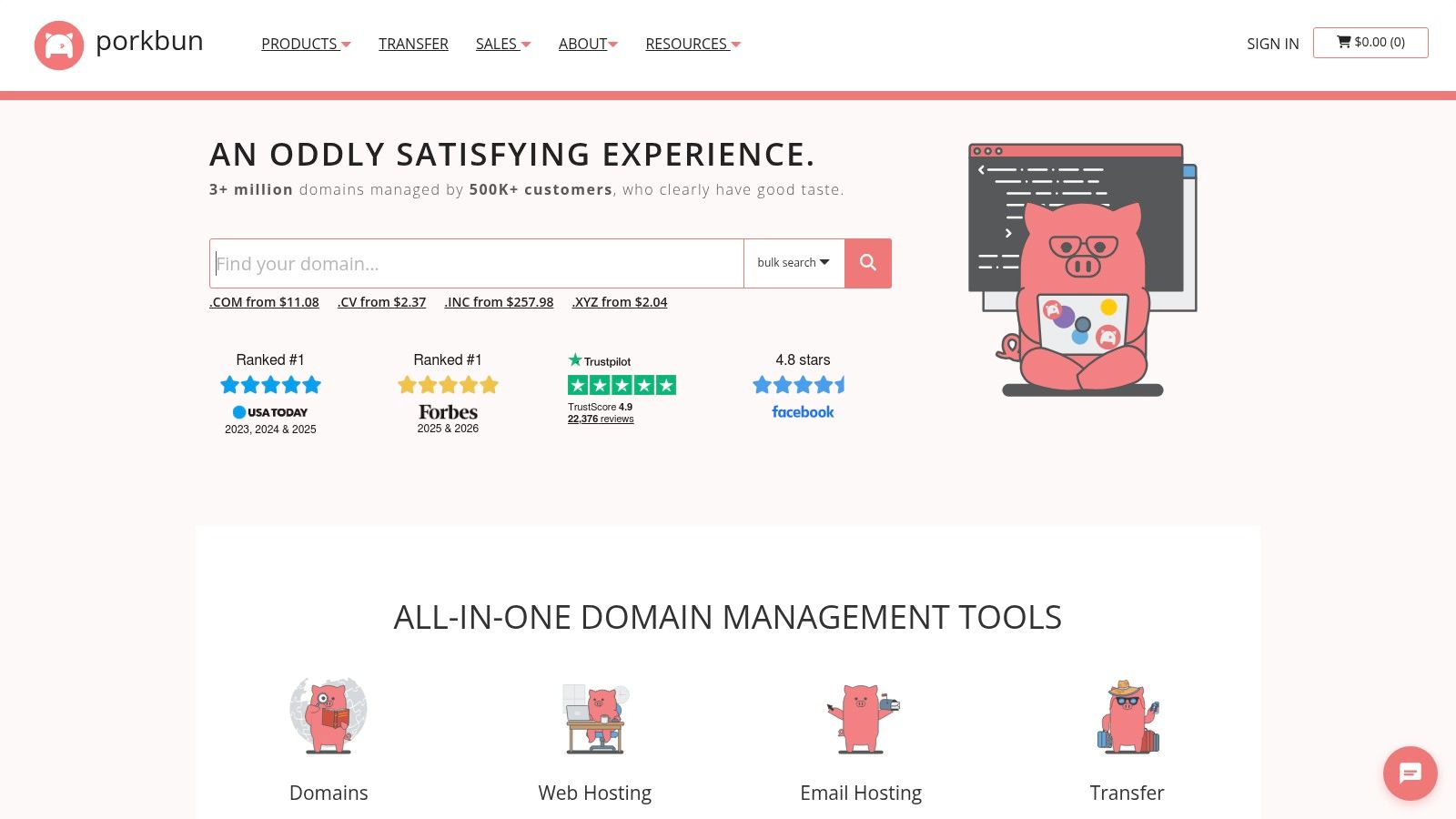 A screenshot of the Porkbun website showing the search results for games domain names.